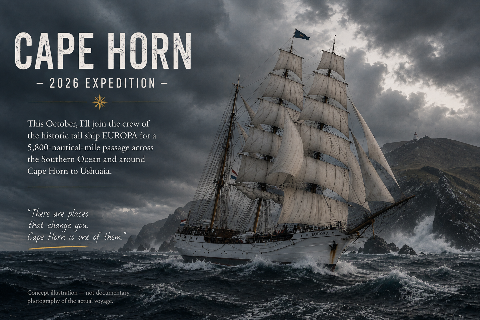 Concept illustration of Bark EUROPA in strong Southern Ocean conditions off the Cape Horn headland